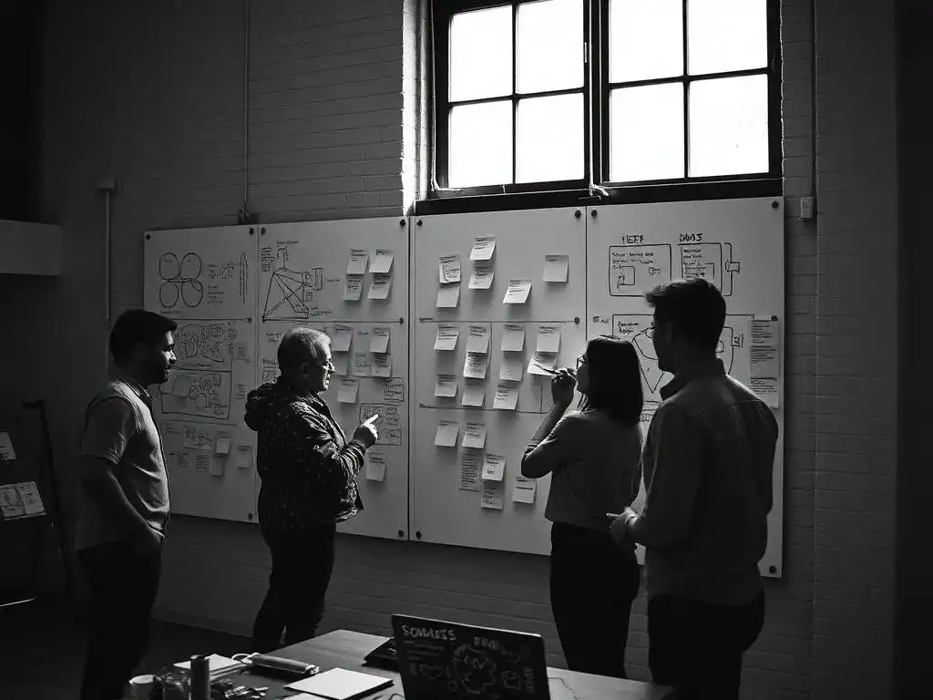 The Intersect team workshopping ideas on a wall of notes
