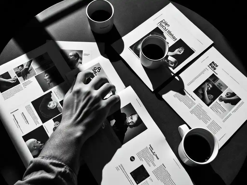 Printed design proofs and contact sheets being reviewed over coffee